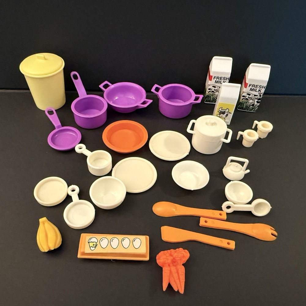 Vintage Barbie Doll Kitchen Accessories Lot Pots Pans Food Milk Mattel 1980s